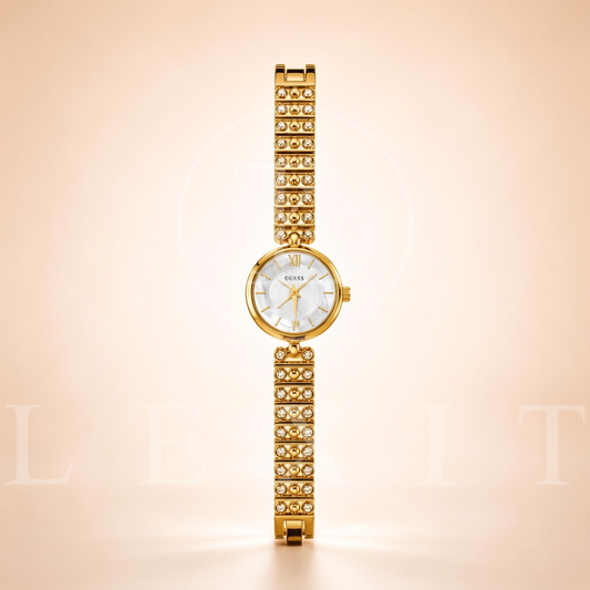 Lexit Gold Round Watch with Pearl Bead Bracelet
