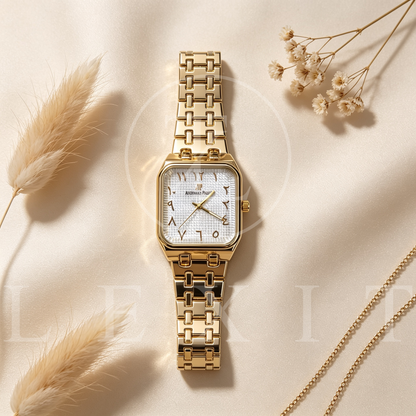 Aurelle Gold Square Watch with Arabic Numerals
