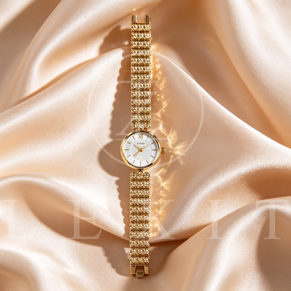 Lexit Gold Round Watch with Pearl Bead Bracelet