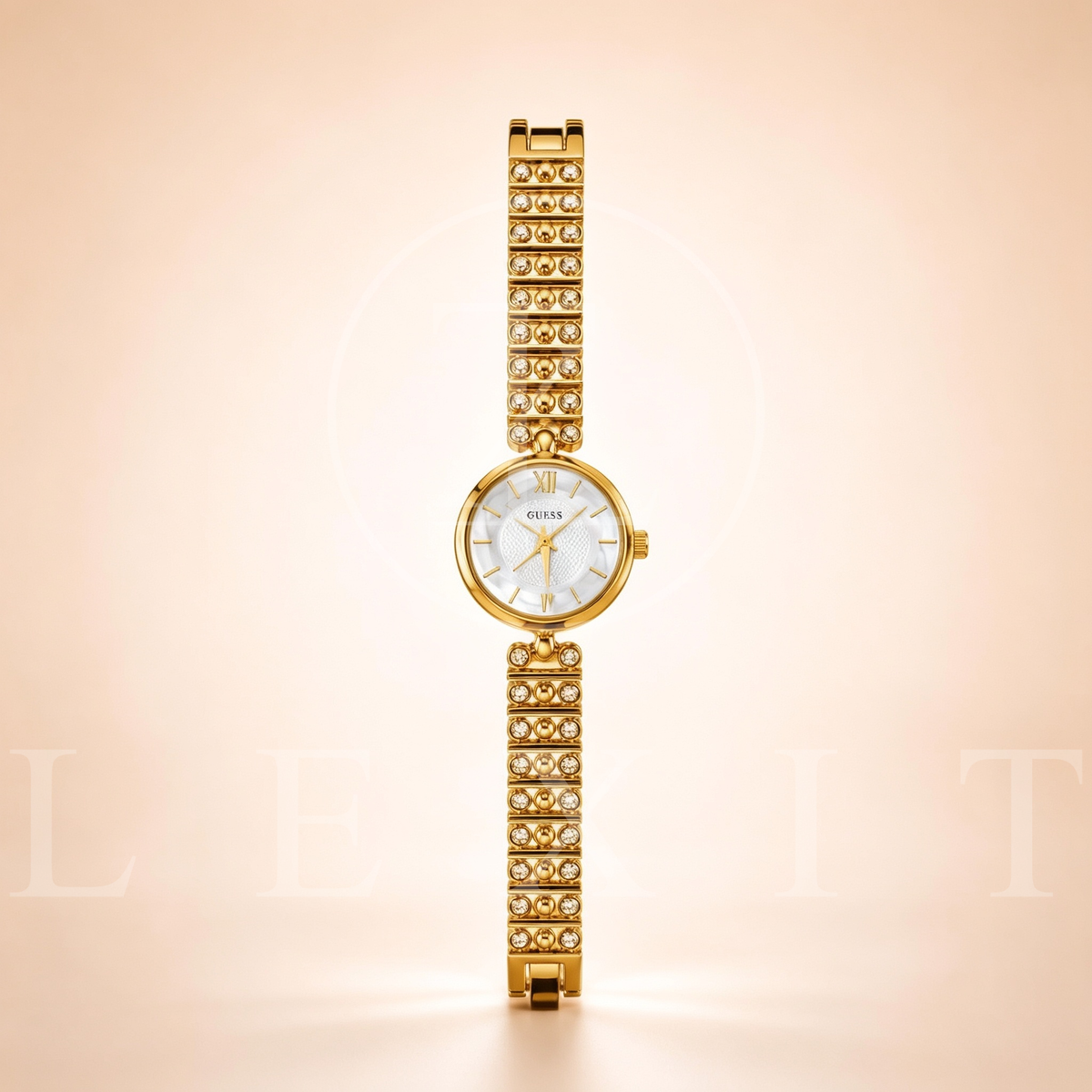 Lexit Gold Round Watch with Pearl Bead Bracelet