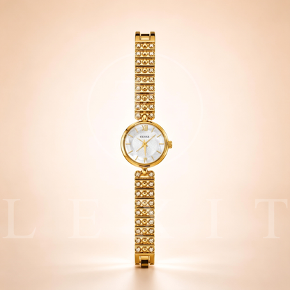 Lexit Gold Round Watch with Pearl Bead Bracelet