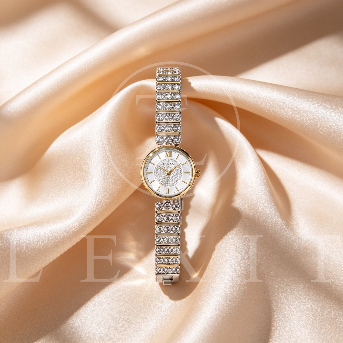 Lexit Two-Tone Round Watch with Crystal Bead Bracelet