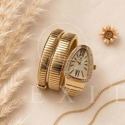 Lexit Gold Snake Coil Watch with Crystal Bezel