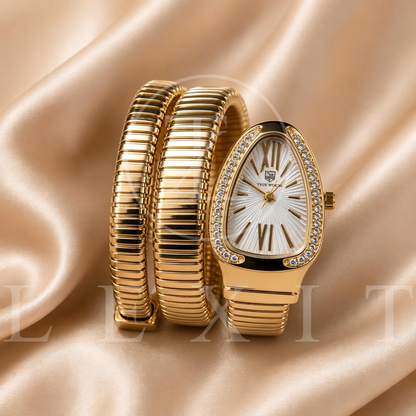 Lexit Gold Snake Coil Watch with White Dial and Crystal Bezel