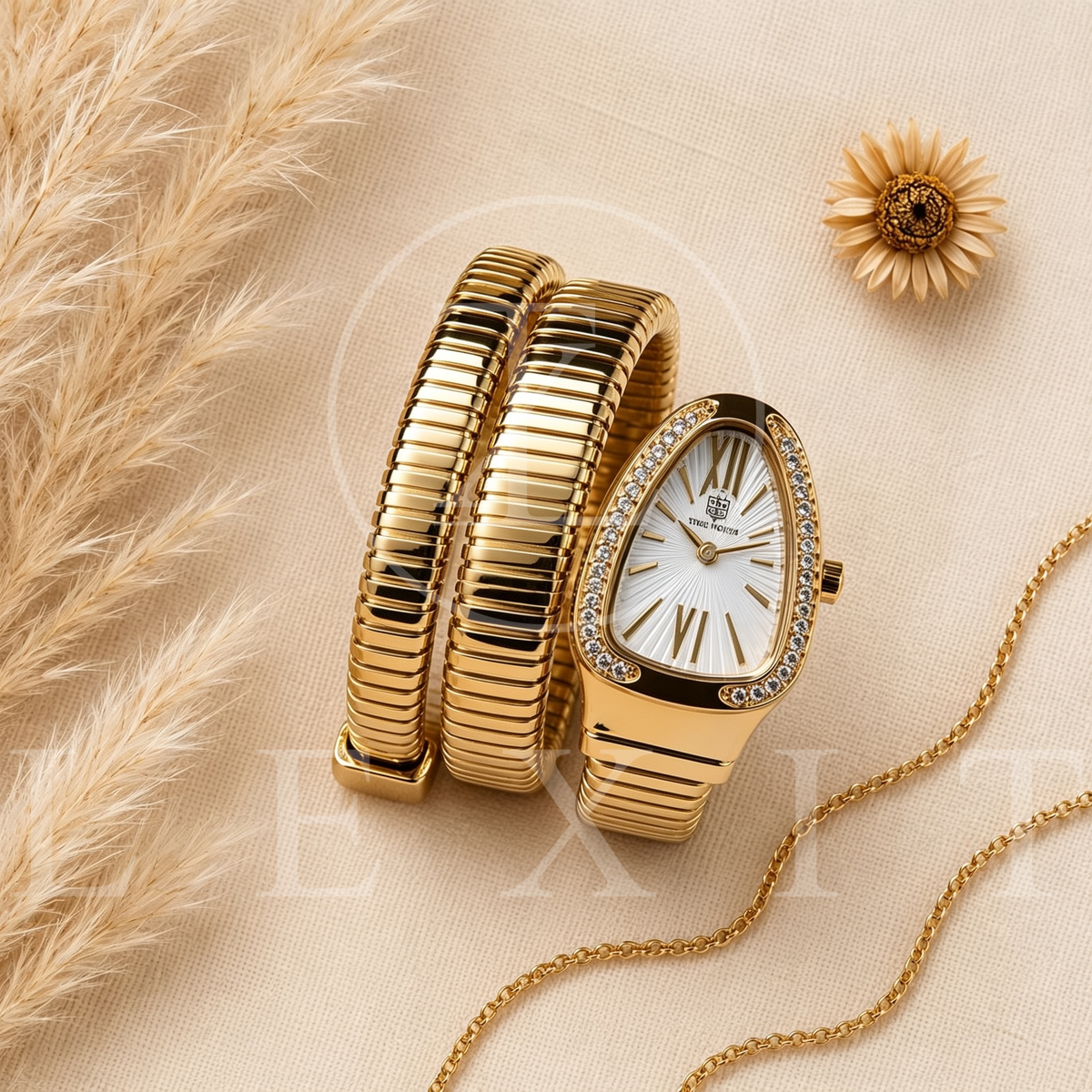 Lexit Gold Snake Coil Watch with White Dial and Crystal Bezel