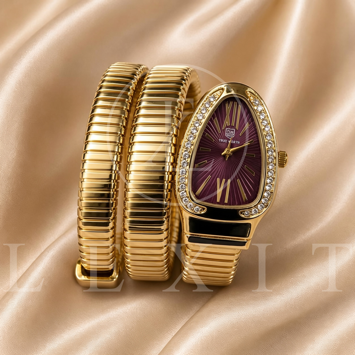 Lexit Gold Snake Coil Watch with Burgundy Dial