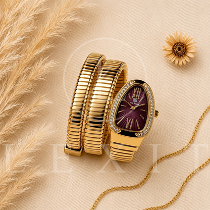 Lexit Gold Snake Coil Watch with Burgundy Dial