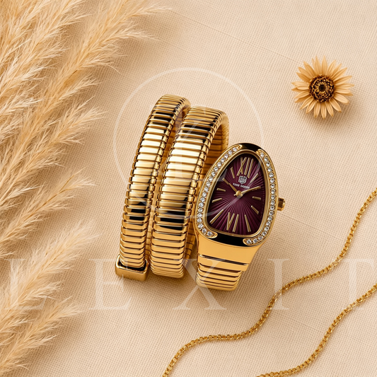 Lexit Gold Snake Coil Watch with Burgundy Dial