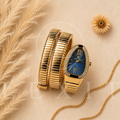 Lexit Gold Snake Coil Watch with Blue Dial and Crystal Bezel