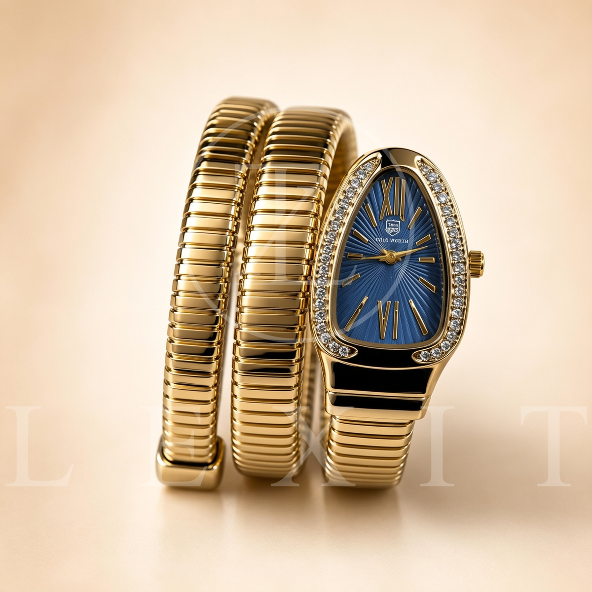 Lexit Gold Snake Coil Watch with Blue Dial and Crystal Bezel