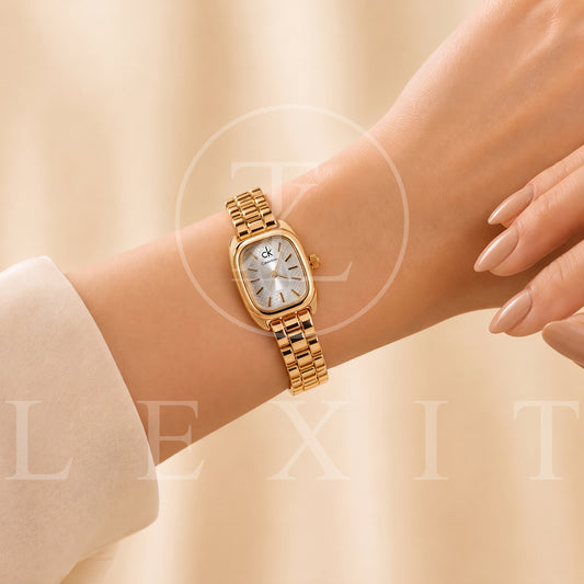 Lexit Rose Gold Cushion Watch with Diamond-Pattern Dial