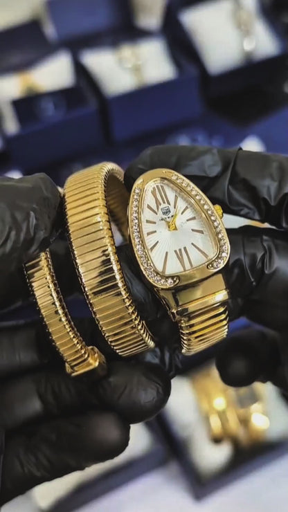 Lexit Gold Snake Coil Watch with White Dial and Crystal Bezel