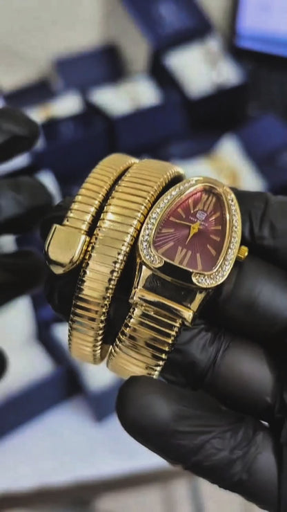 Lexit Gold Snake Coil Watch with Burgundy Dial