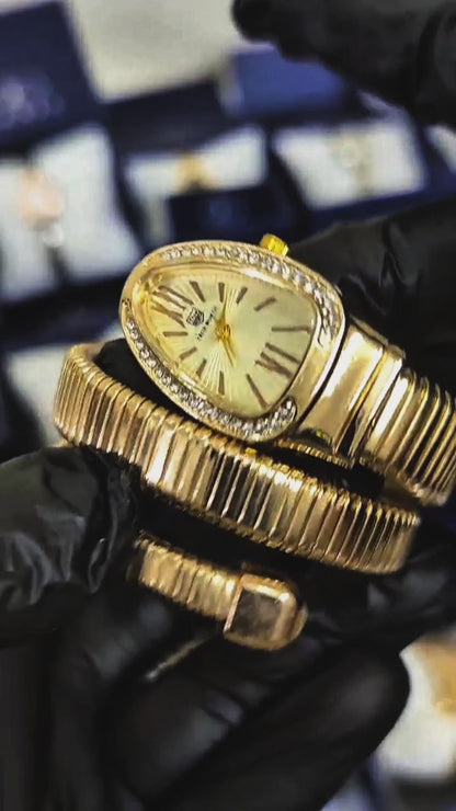 Lexit Gold Snake Coil Watch with Crystal Bezel