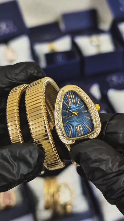 Lexit Gold Snake Coil Watch with Blue Dial and Crystal Bezel