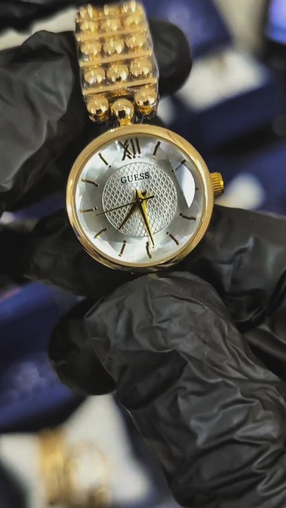 Lexit Gold Round Watch with Pearl Bead Bracelet