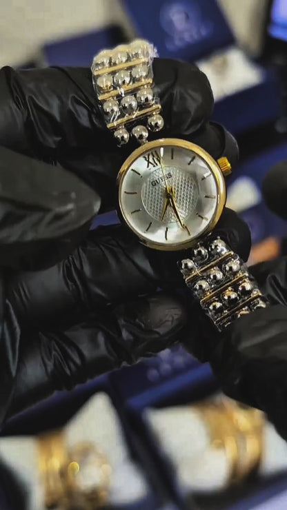 Lexit Two-Tone Round Watch with Crystal Bead Bracelet